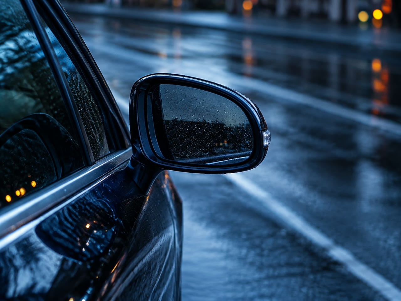 Regennasser Außenspiegel eines Fahrzeugs an einer Straße bei blauer Stunde